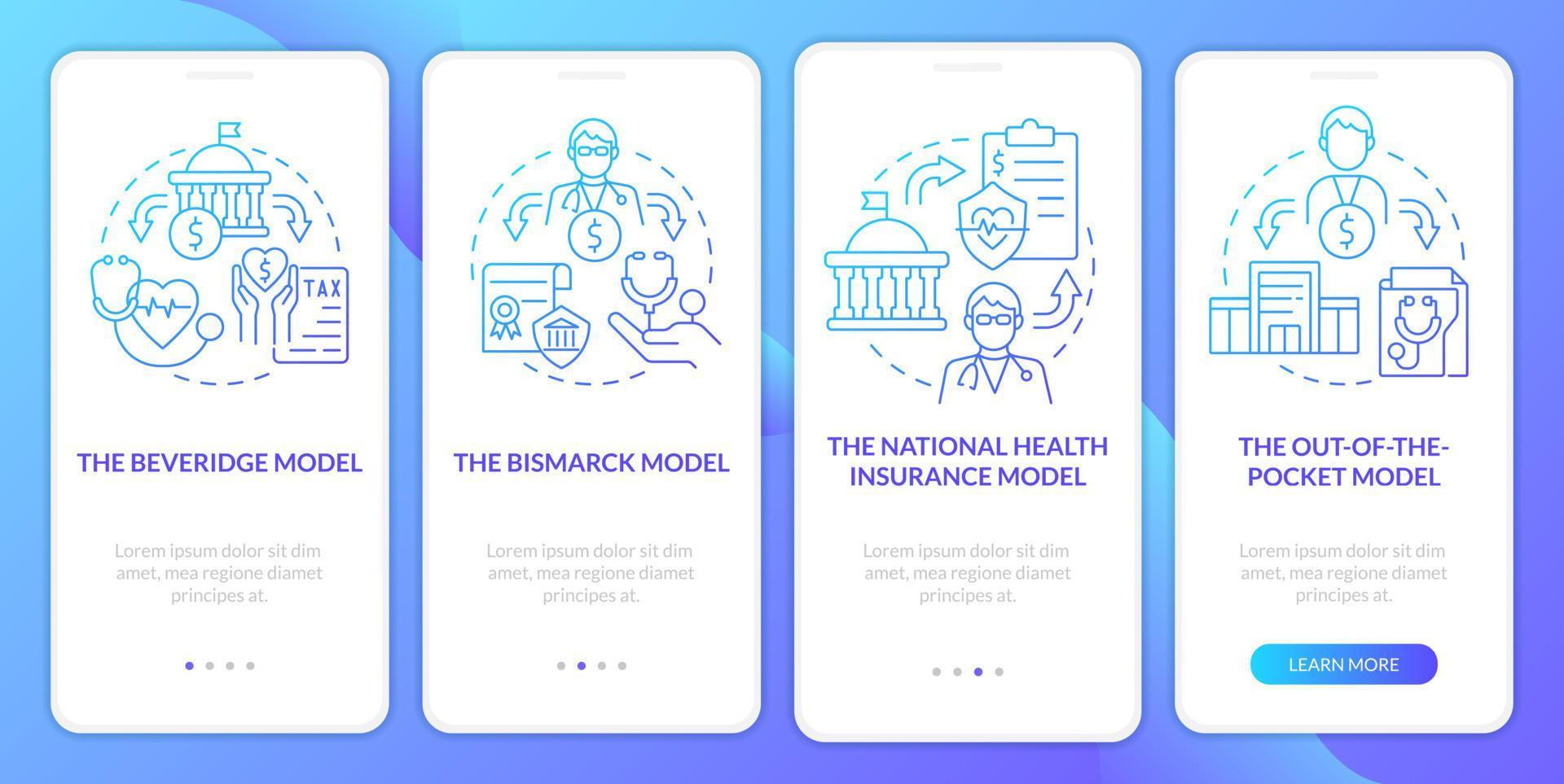 Models for health care systems blue gradient onboarding mobile app screen. Walkthrough 4 steps graphic instructions with linear concepts. UI, UX, GUI template. vector