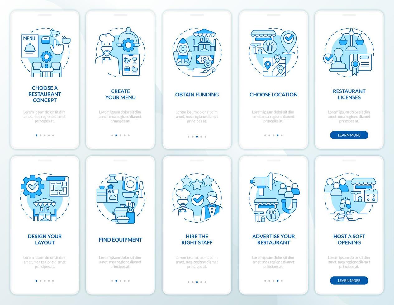 conjunto de pantalla de aplicación móvil de integración azul de ideas pegadizas de restaurante. tutorial 5 pasos instrucciones gráficas editables con conceptos lineales. interfaz de usuario, ux, plantilla de interfaz gráfica de usuario. vector