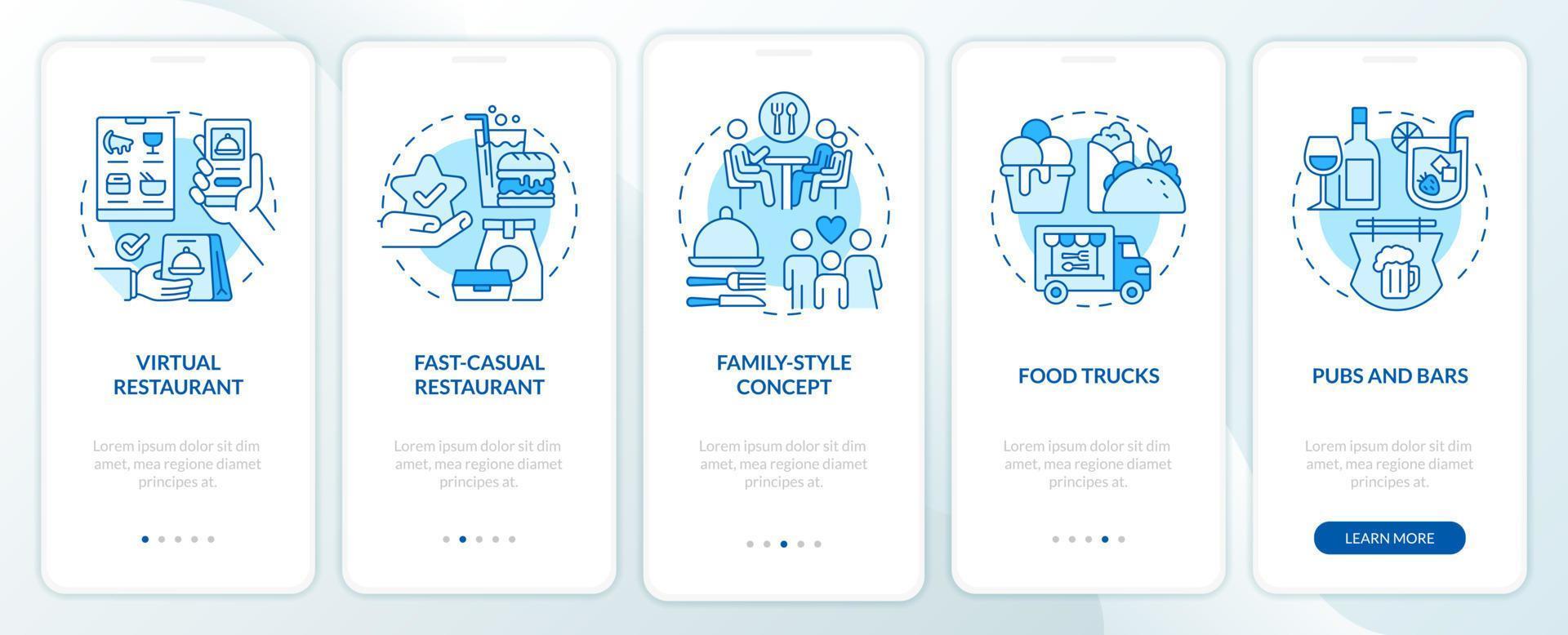 tipos de restaurantes pantalla de aplicación móvil de incorporación azul. Guía de bares y pubs Instrucciones gráficas editables de 5 pasos con conceptos lineales. interfaz de usuario, ux, plantilla de interfaz gráfica de usuario. vector