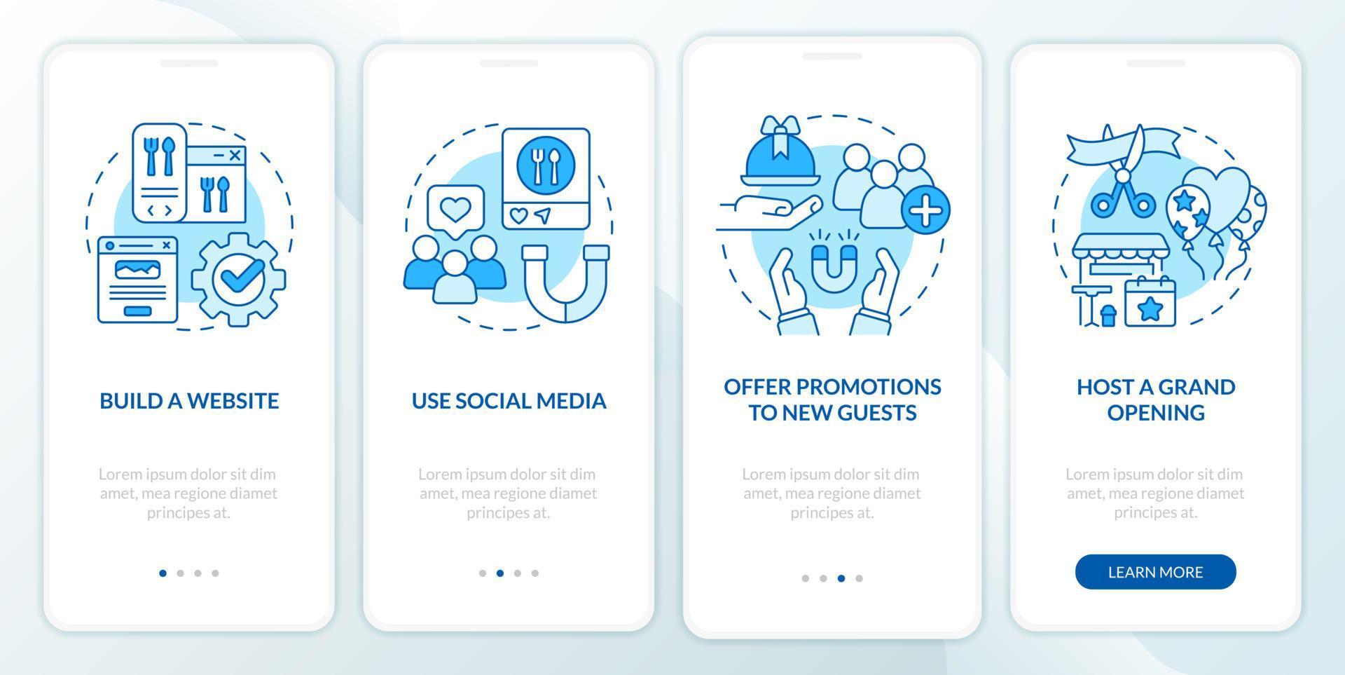 Attract customers to restaurant blue onboarding mobile app screen. Walkthrough 4 steps editable graphic instructions with linear concepts. UI, UX, GUI template. vector