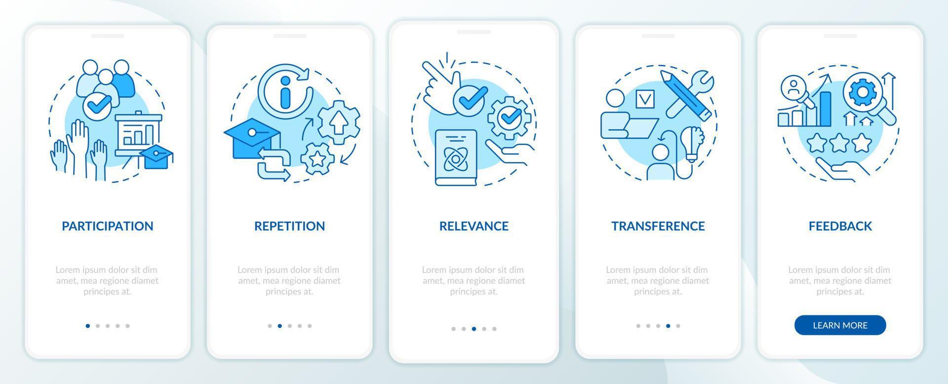 Principles of learning for students blue onboarding mobile app screen. Walkthrough 5 steps editable graphic instructions with linear concepts. UI, UX, GUI template. vector