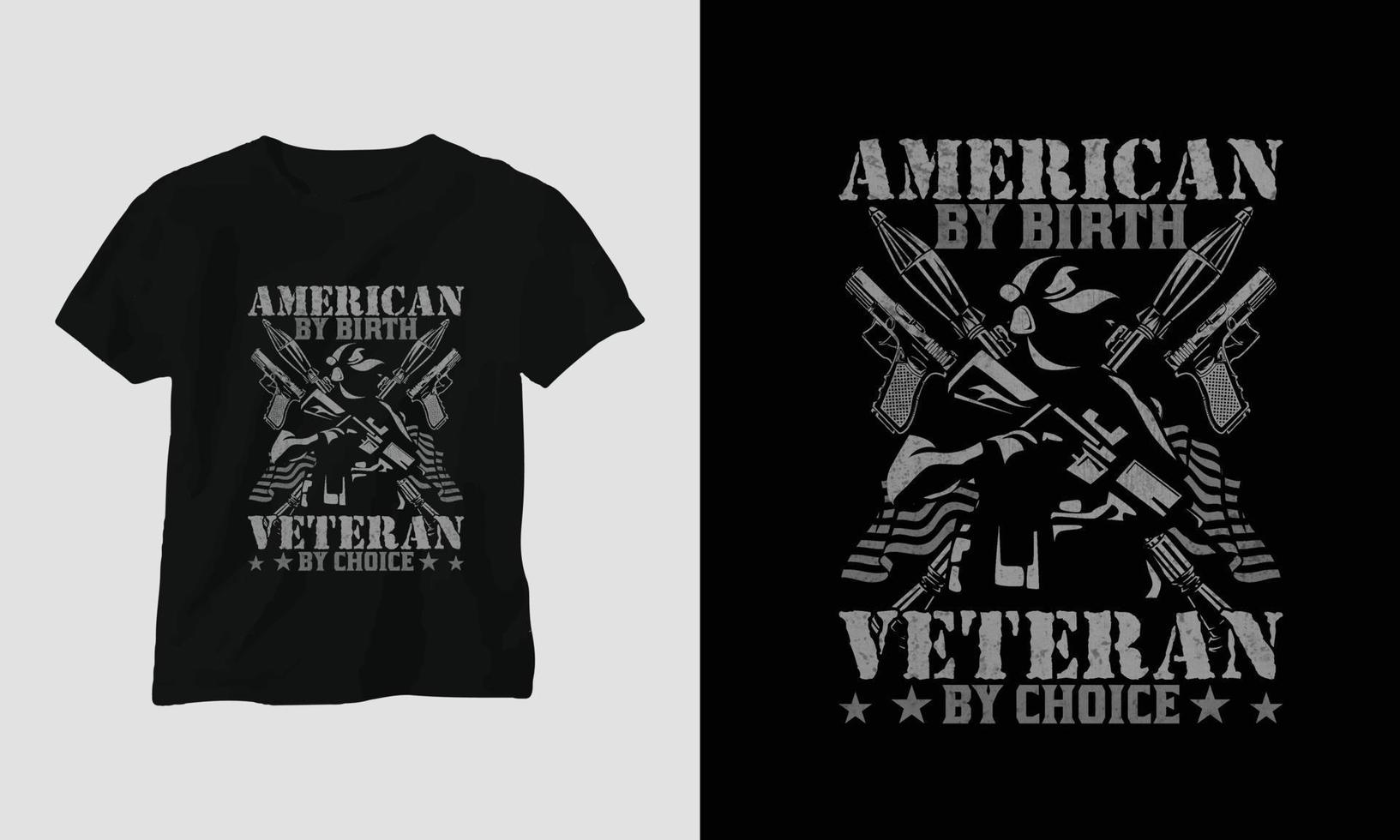 diseño de camisetas del día de los veteranos con el soldado, la bandera, las armas y el cráneo. estilo vintage con efecto grunge vector