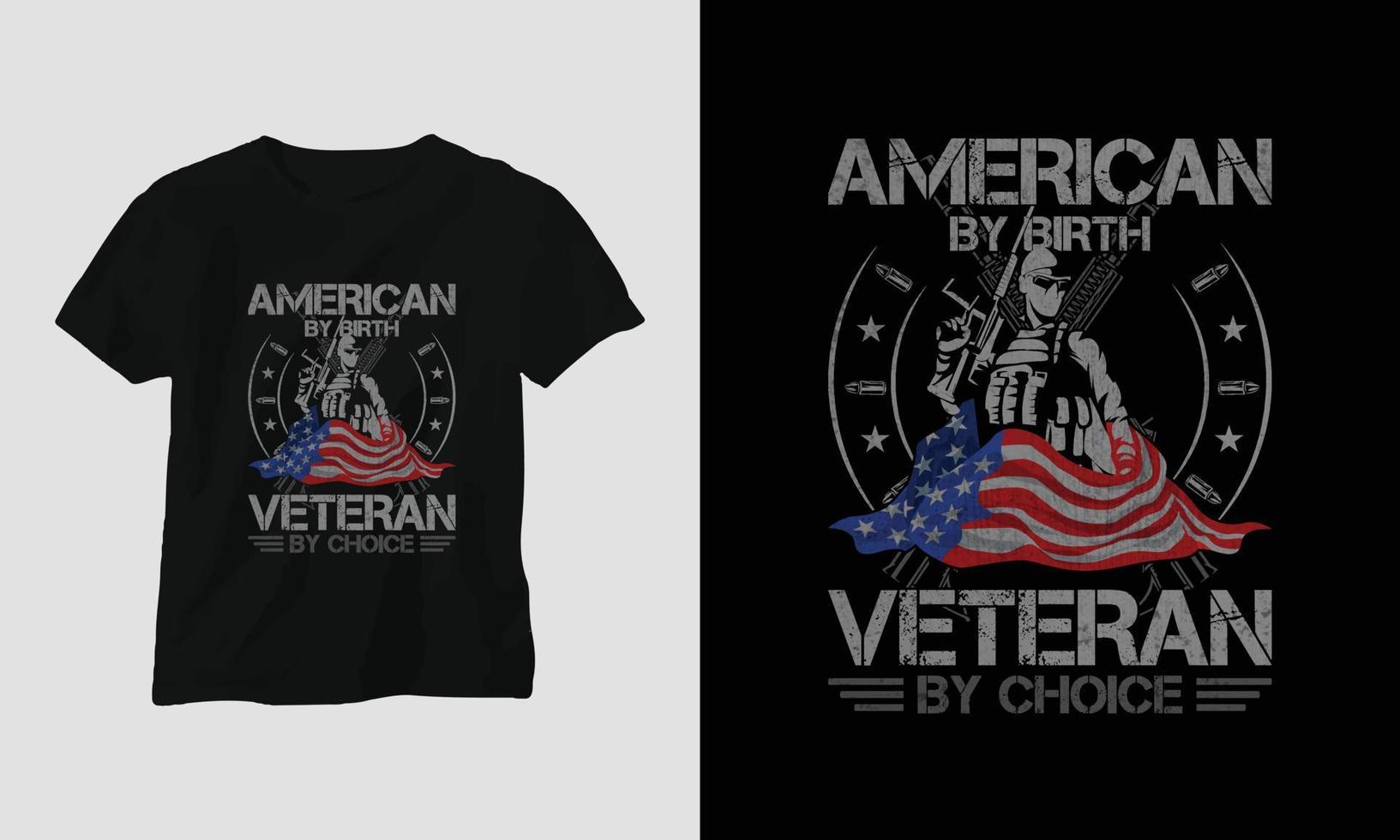 diseño de camisetas del día de los veteranos con el soldado, la bandera, las armas y el cráneo. estilo vintage con efecto grunge vector