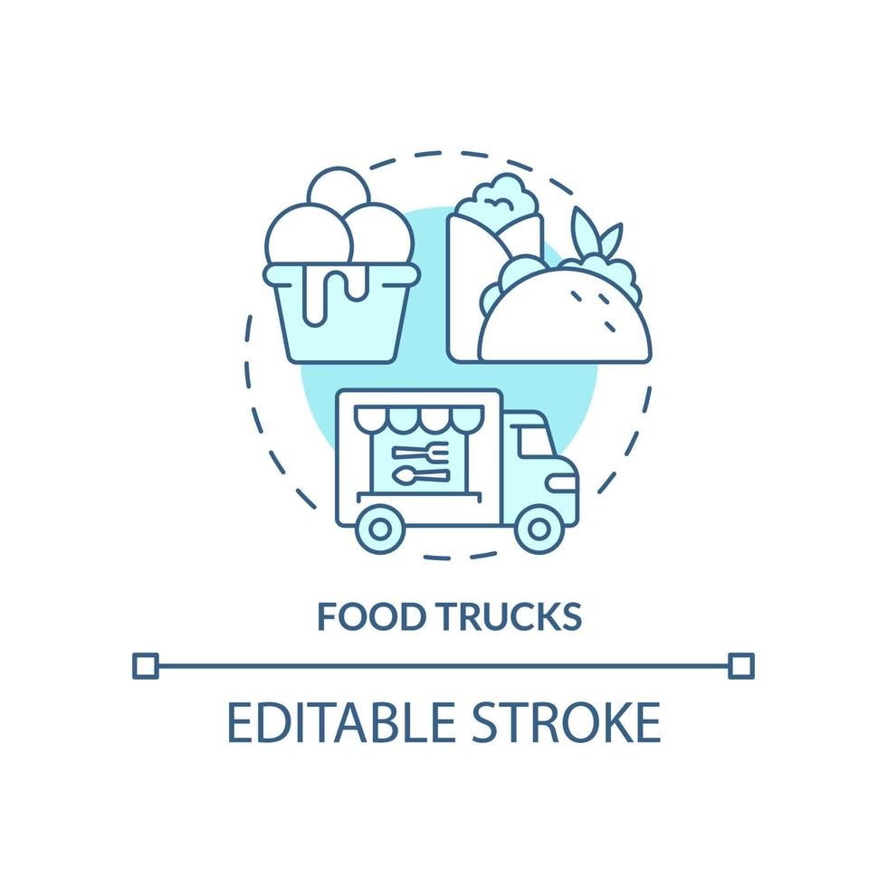 Food trucks turquoise concept icon. Restaurant type abstract idea thin line illustration. Vehicle for selling snacks. Isolated outline drawing. Editable stroke. vector