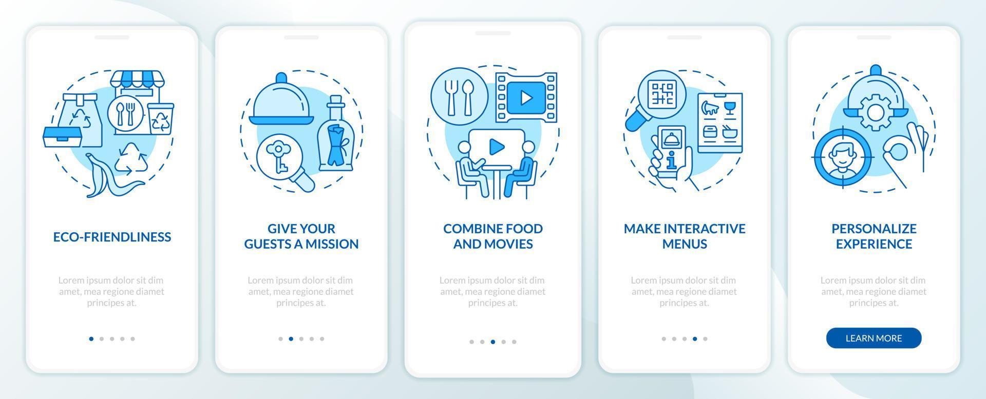 Unusual dining experiences blue onboarding mobile app screen. Walkthrough 5 steps editable graphic instructions with linear concepts. UI, UX, GUI template. vector