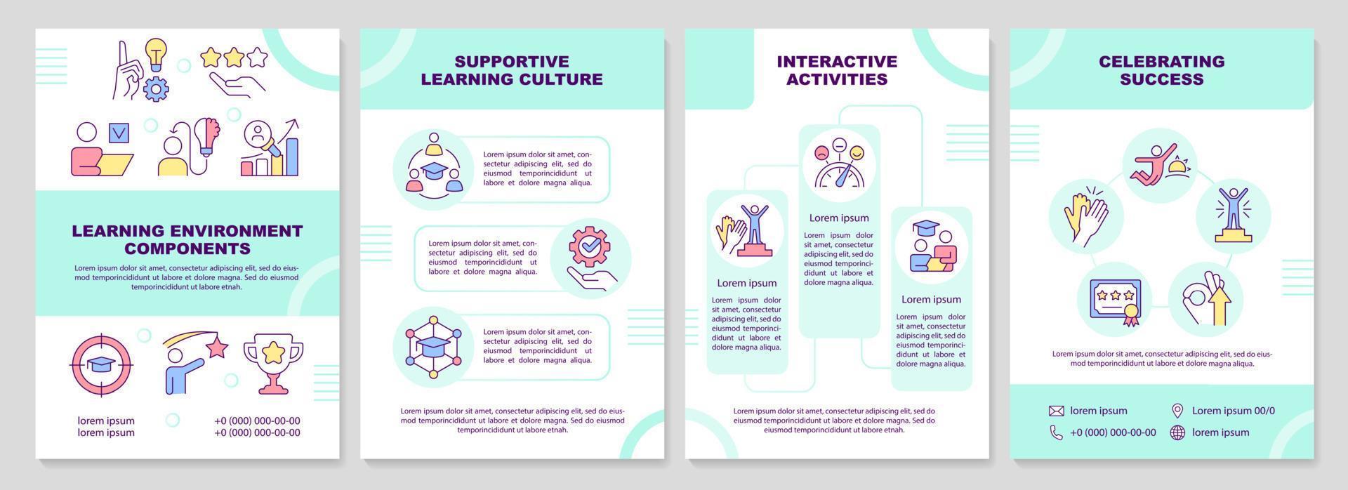 Learning environment turquoise brochure template. Leaflet design with linear icons. Editable 4 vector layouts for presentation, annual reports.