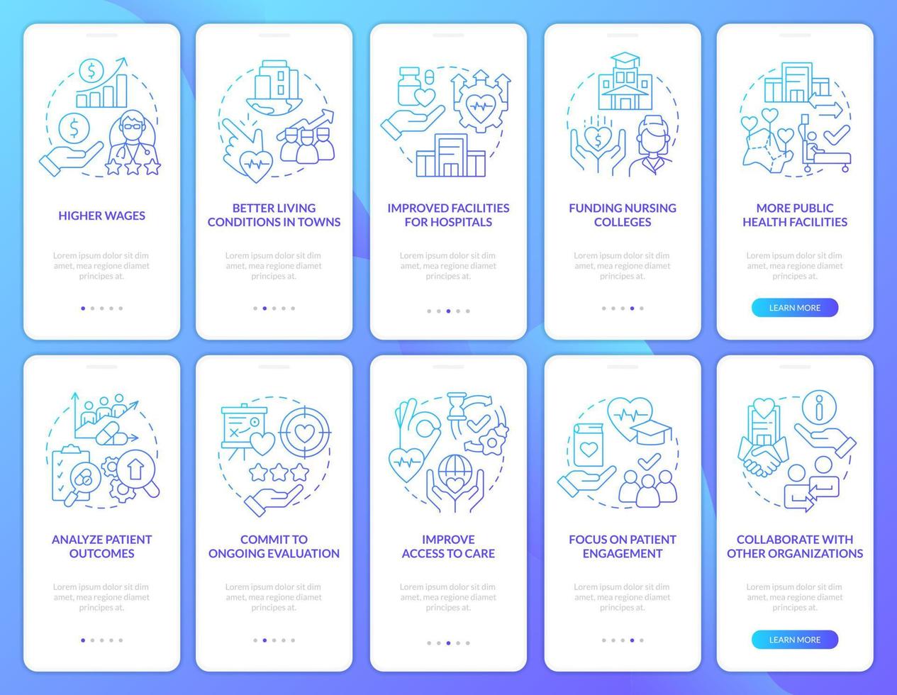 Transforming healthcare system blue gradient onboarding mobile app screen set. Walkthrough 5 steps graphic instructions with linear concepts. UI, UX, GUI template. vector