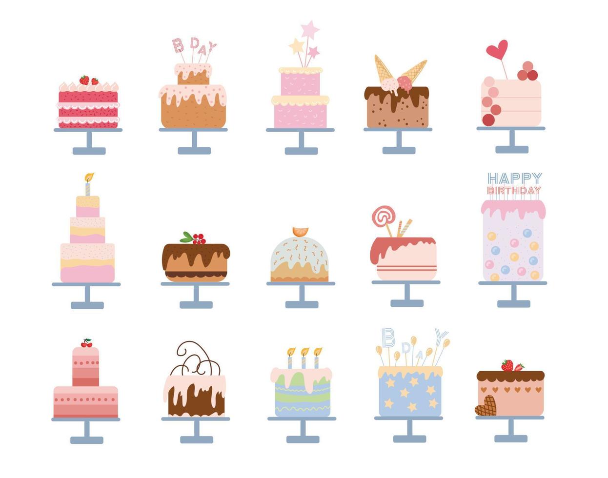 Holiday cakes with candles, decoration on white background. Flat vector illustration for weddings, birthdays, decorating, children's parties, card, poster. Sweet set of cakes.