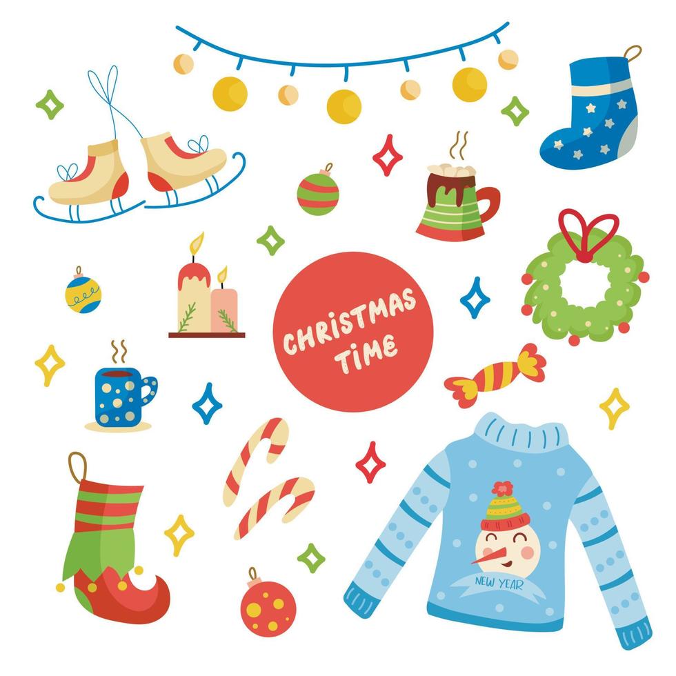 Set of christmas elements. Flat vector illustration with christmas sweater, skates, christmas wreath, balls, garland, cocoa, candles, candies, christmas sock, snowman. Happy New Year set.