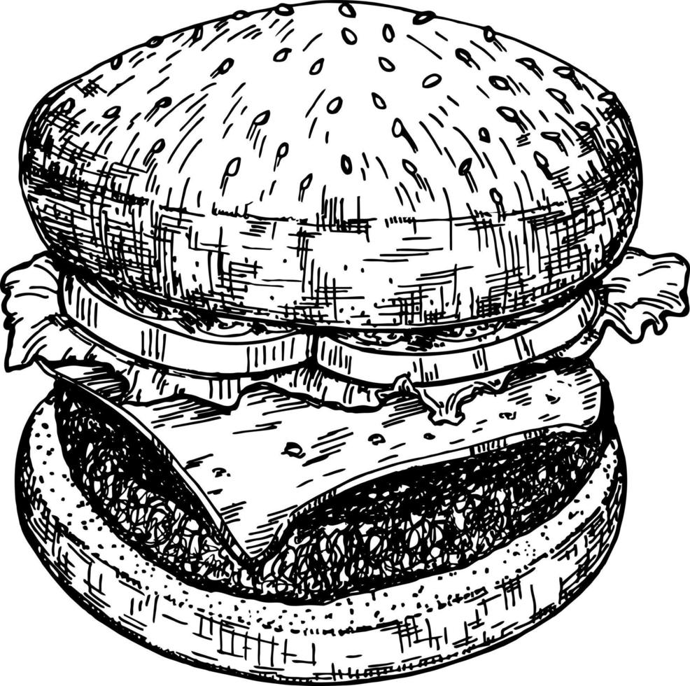 hamburguesa grande, dibujo a mano de hamburguesa dibujo vectorial estilo retro. ilustración de hamburguesa dibujada a mano. hamburguesa americana hamburguesa con queso vector