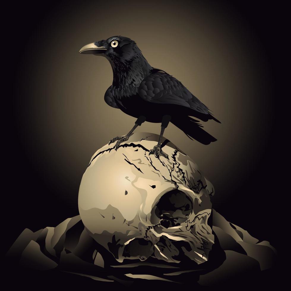 Crow with skull vector.  Raven on a broken skull. vector