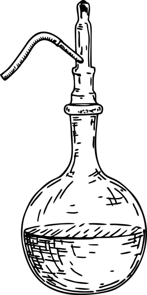 Sketch of a chemical laboratory object. Pharmaceutical flasks, beakers and test tubes. Scientific distillation lab glass icon vector
