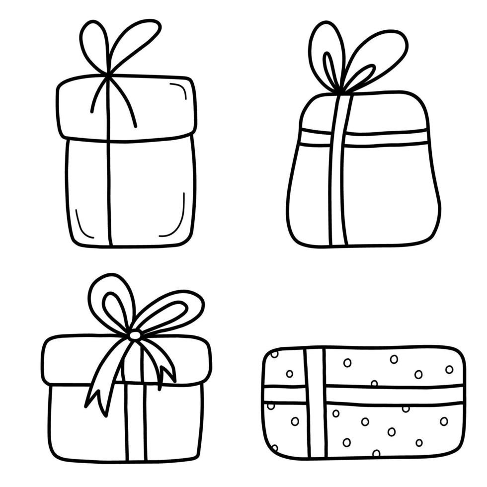 un conjunto de cajas de regalo está cerrado y decorado con un lazo. una caja de regalo con una sorpresa de año nuevo. dibujando garabatos a mano. bonito, divertido dibujo. dibujo en blanco y negro. vector. icono. vector