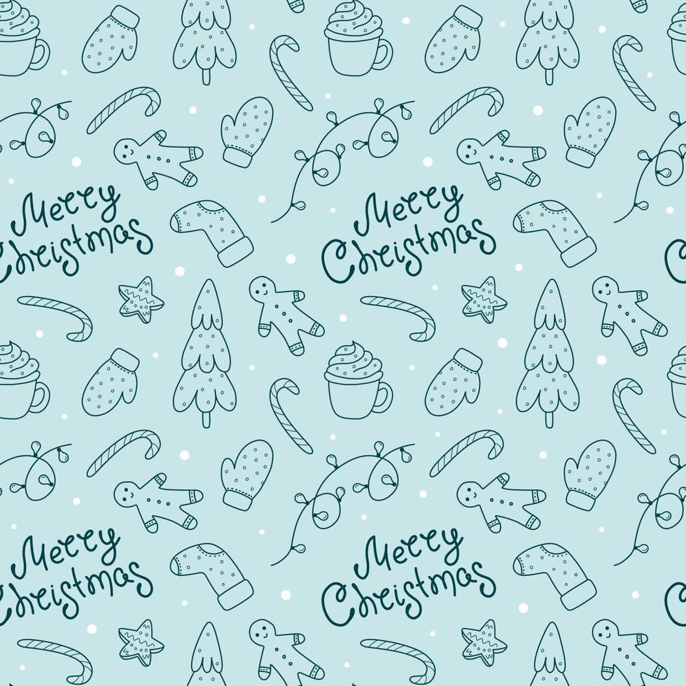 Christmas doodle seamless pattern with fir tree, garland, candy cane, mittens, gingerbread man, cocoa and lettering Merry Christmas.Blue winter background for a wrapping paper, wallpaper, scrapbooking vector