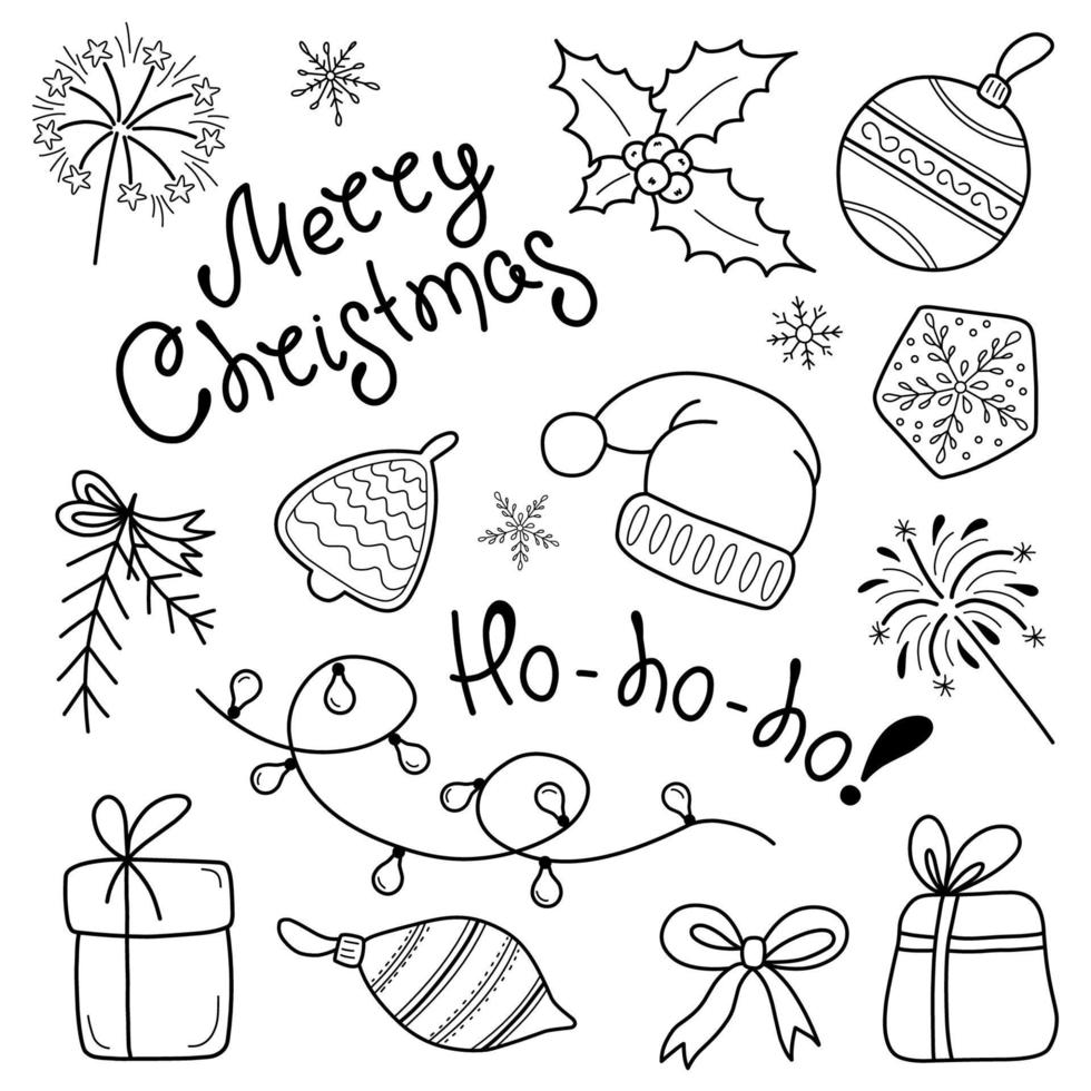 A set of Christmas design elements in the doodle style. Hand-drawn doodle vector illustration. A set with inscriptions, fir branches, decorations, sweets,gift boxes for labels, postcards, invitations.