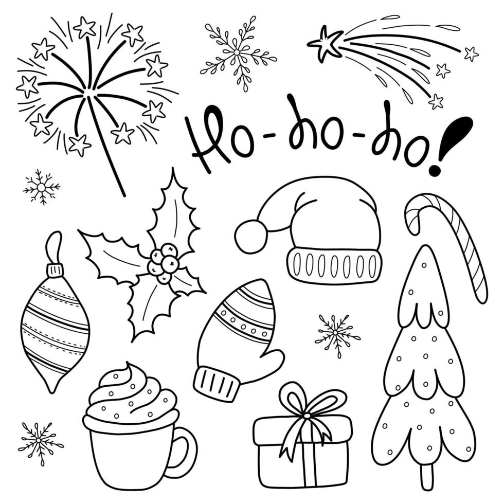 A set of Christmas design elements in the doodle style. Hand-drawn doodle vector illustration. A set with inscriptions, fir branches,decorations, sweets, gift boxes for labels, postcards, invitations.