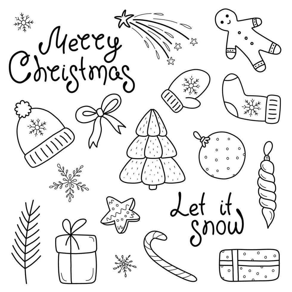A set of Christmas design elements in the doodle style. Hand-drawn doodle vector illustration. A set with inscriptions, fir branches,decorations,sweets, gift boxes for labels, postcards, invitations.