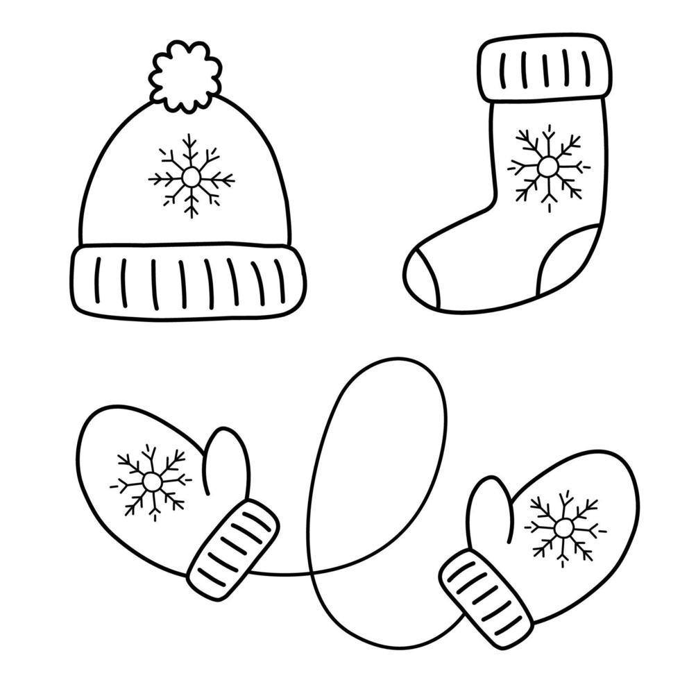 Set of hand drawn winter clothes and accessories hat, mittens, socks. Doodle sketch for kids, Christmas design. Isolated vector illustrations.