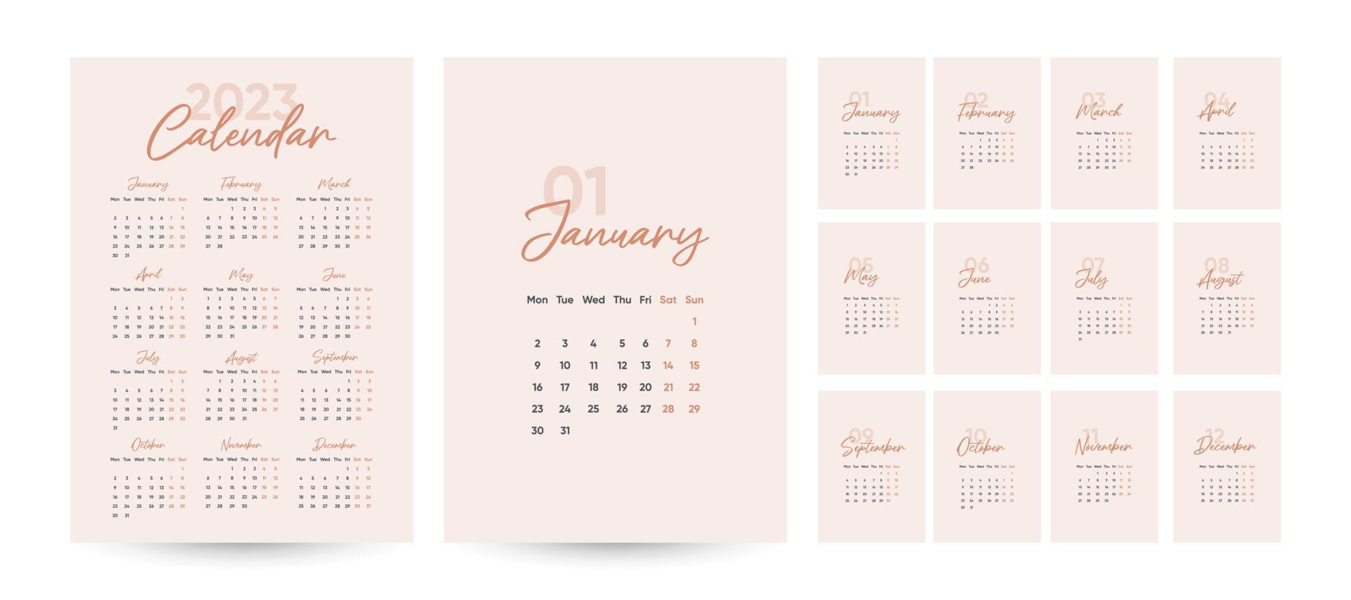 plantilla de calendario mensual 2023 en estilo minimalista moderno, concepto de portada, conjunto de calendario de escritorio de 12 páginas, diseño de planificador de calendario mínimo 2023 para plantilla de impresión vector