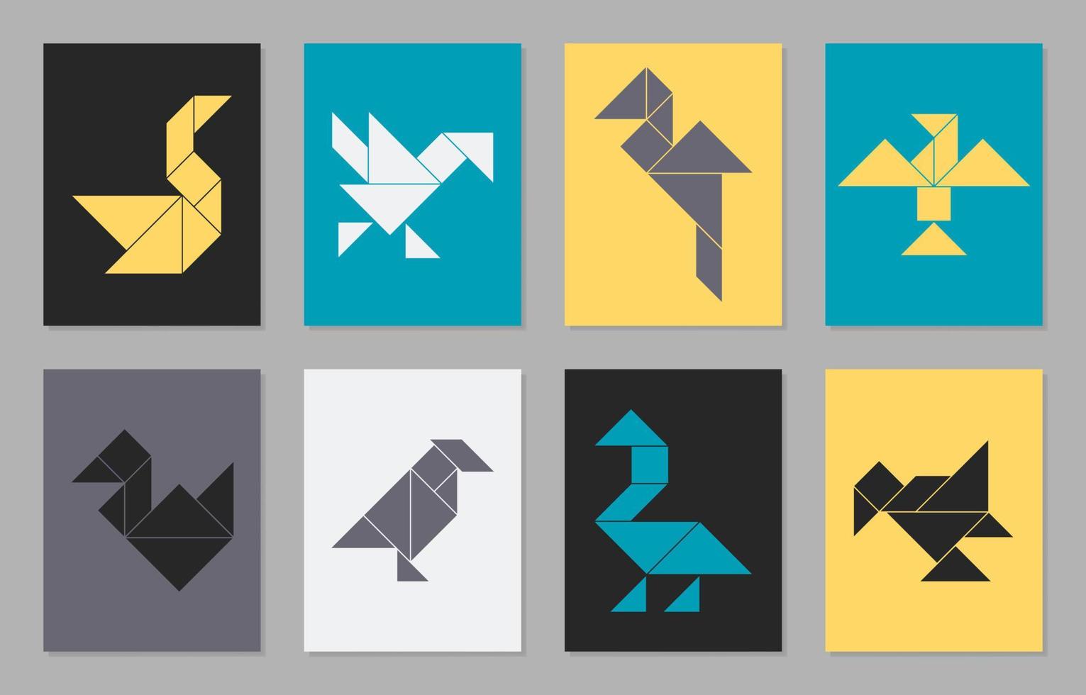 Geometric posters with 8 tangram birds. Geometric shapes cover design. Jigsaw for kids. Vector illustration.
