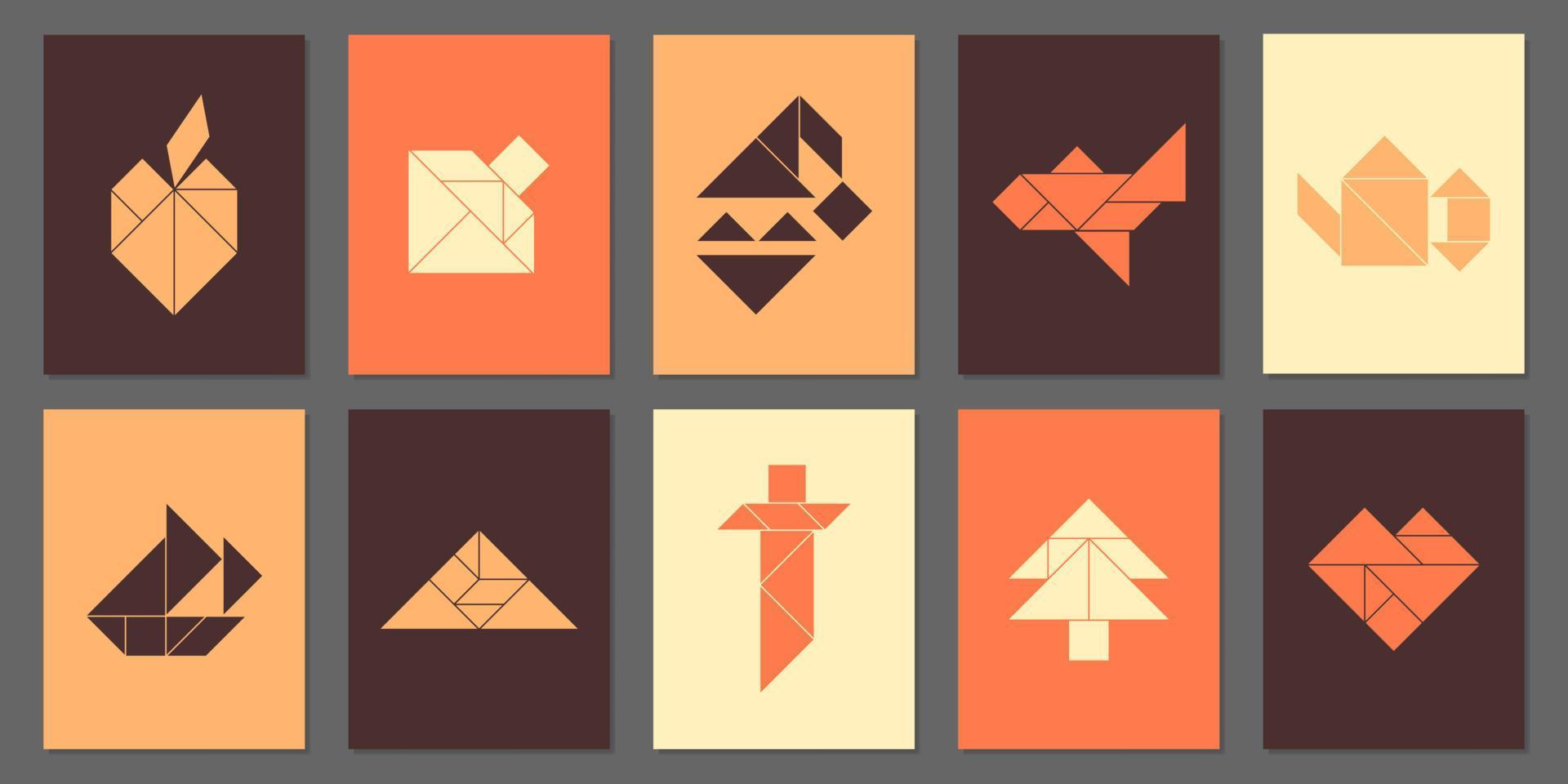 carteles geométricos con 10 objetos tangram diferentes. diseño de portada de formas geométricas. rompecabezas para niños. ilustración vectorial vector