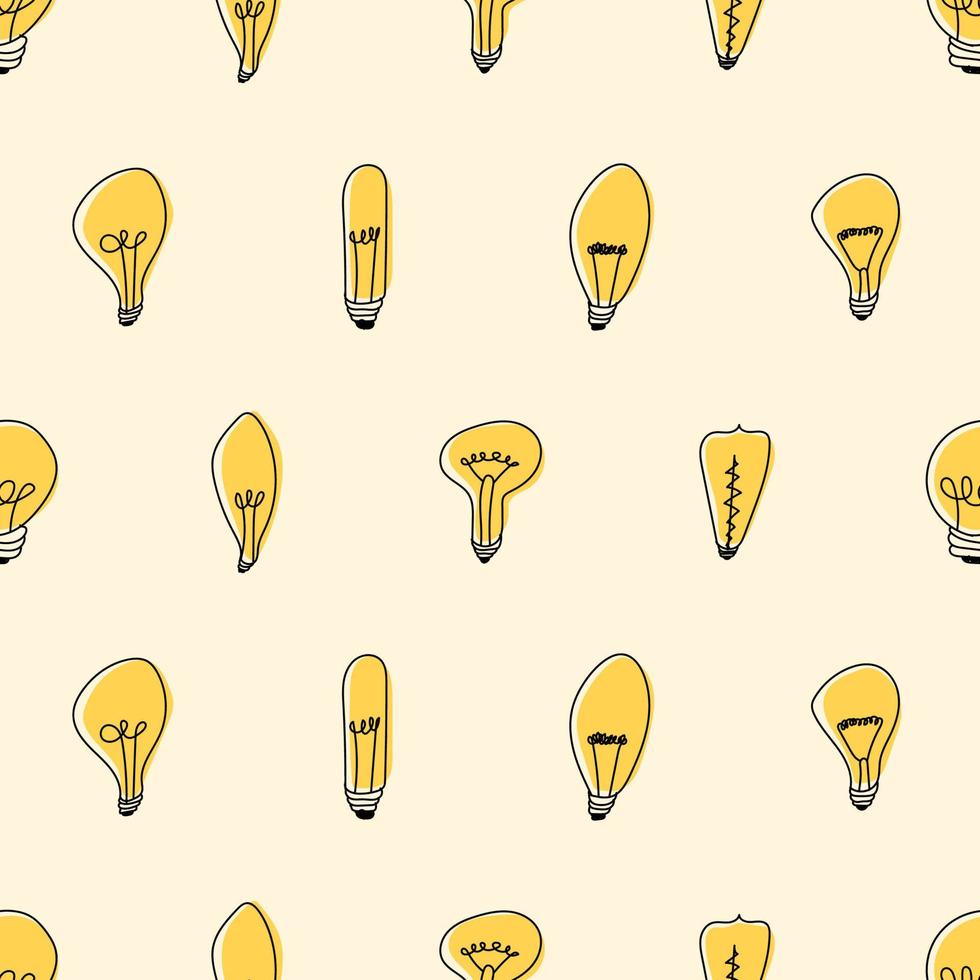 Hand drawn seamless pattern of Light Bulbs. Different loft lamps in doodle style. Idea lightbulb sign symbol pattern. Vector illustration