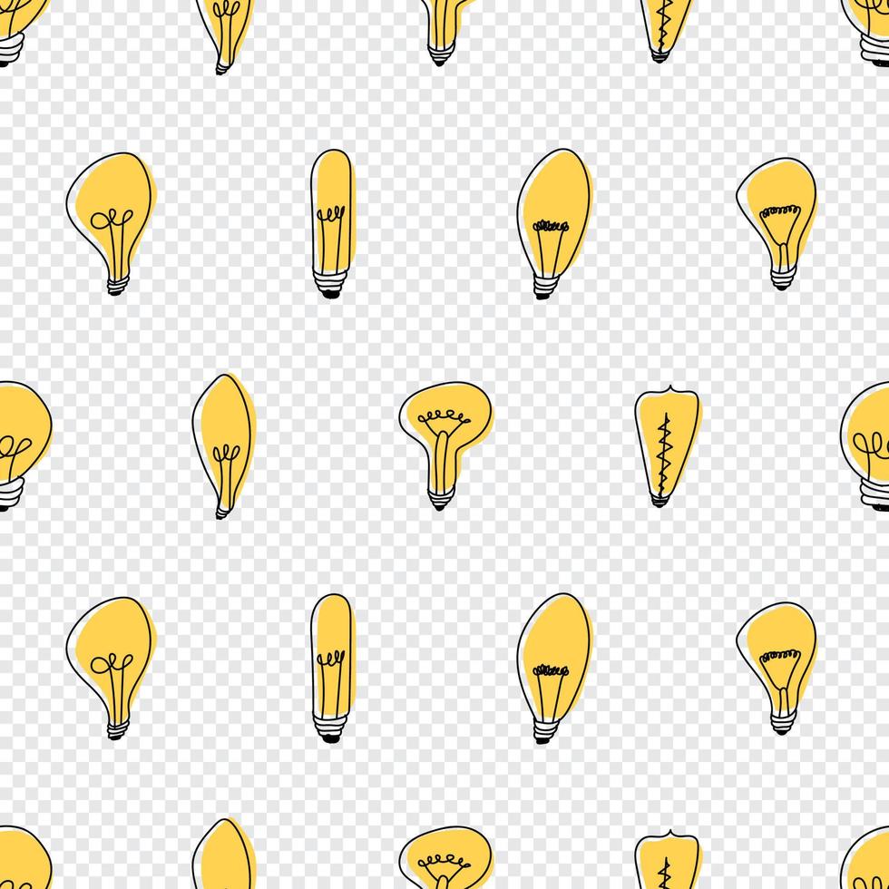 Hand drawn seamless pattern of Light Bulbs. Different loft lamps in doodle style. Idea lightbulb sign symbol pattern. Vector illustration