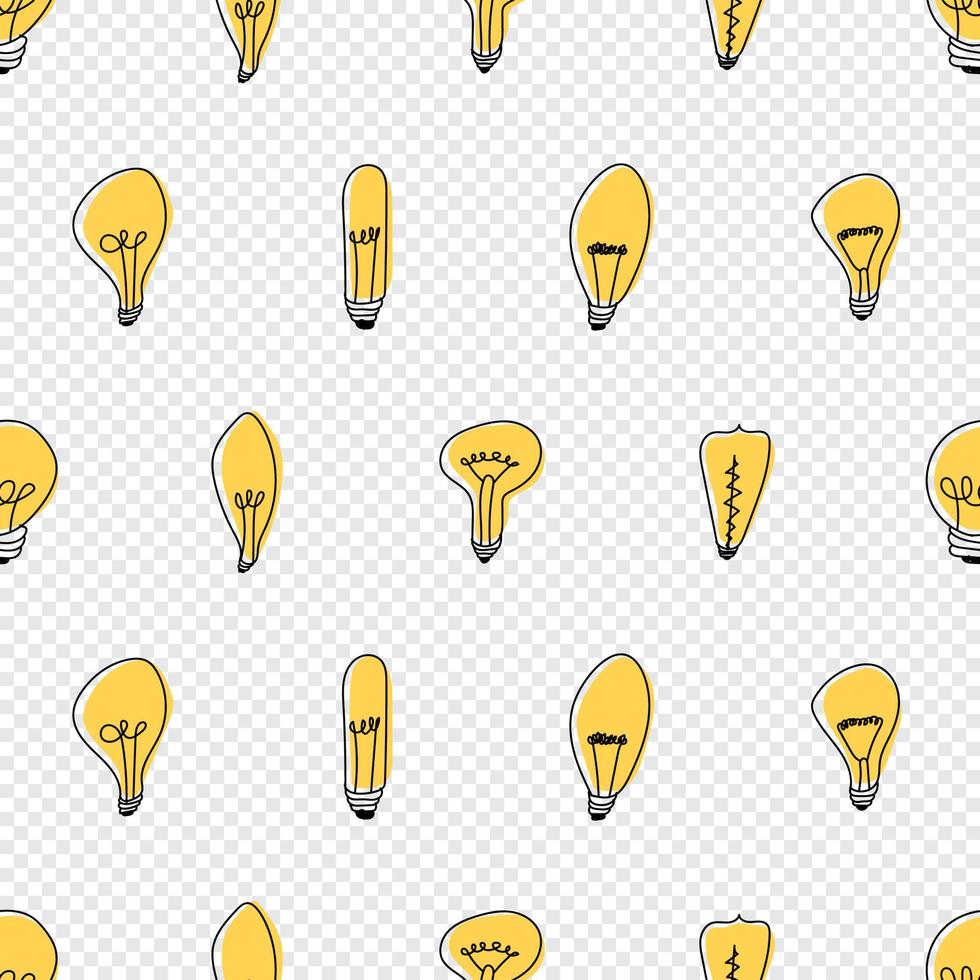 Hand drawn seamless pattern of Light Bulbs. Different loft lamps in doodle style. Idea lightbulb sign symbol pattern. Vector illustration