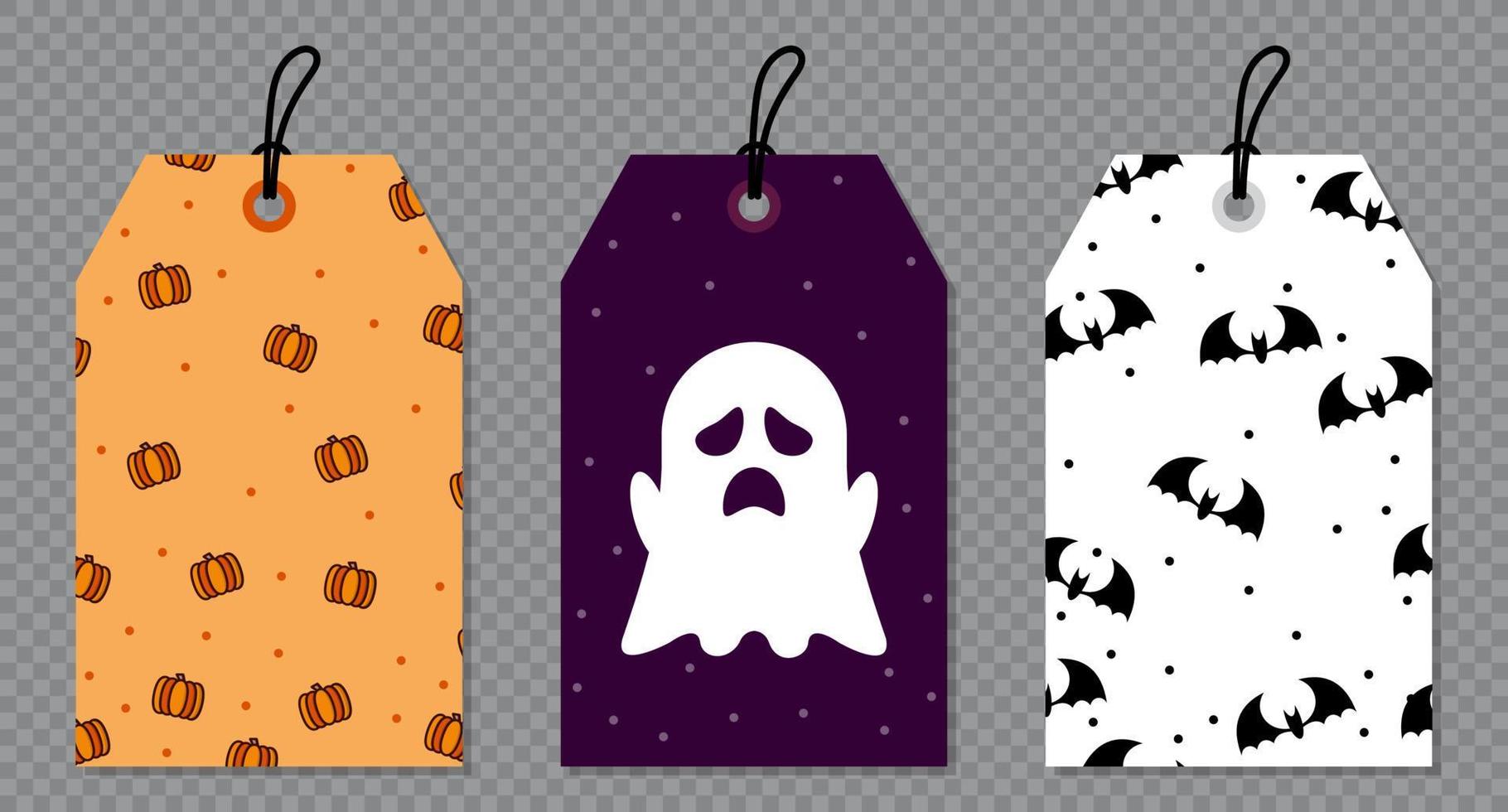 Set of different gift tags. Scary sale tag set. Holiday gift tags with pumpkins, ghost, and bats. Special sale price tags. Price tag collection. Vector illustration