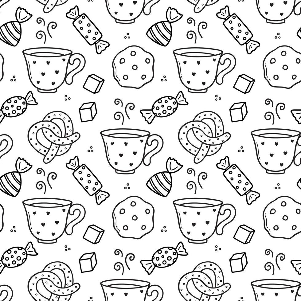 Seamless pattern of Tea time doodle. Cups and sweets in sketch style. Hand drawn vector illustration