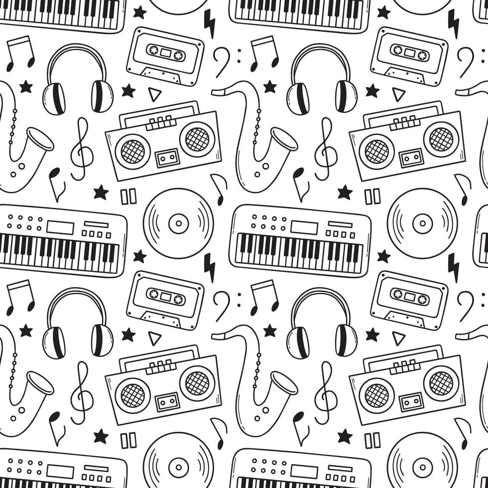 Seamless pattern of music doodle. Musical instruments, notes, headphones in sketch style. Hand drawn vector illustration