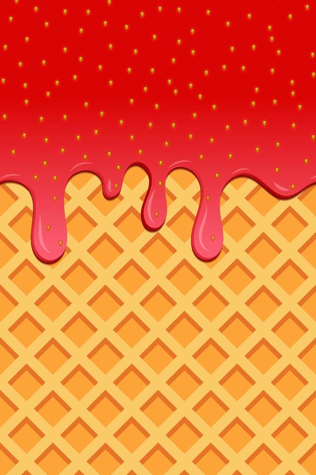 Bright food card. Strawberry flyers. Sweet realistic strawberry. Yellow pattern with waffle and strawberry drips. Dripping strawberry. Food delicious card. Vector illustration