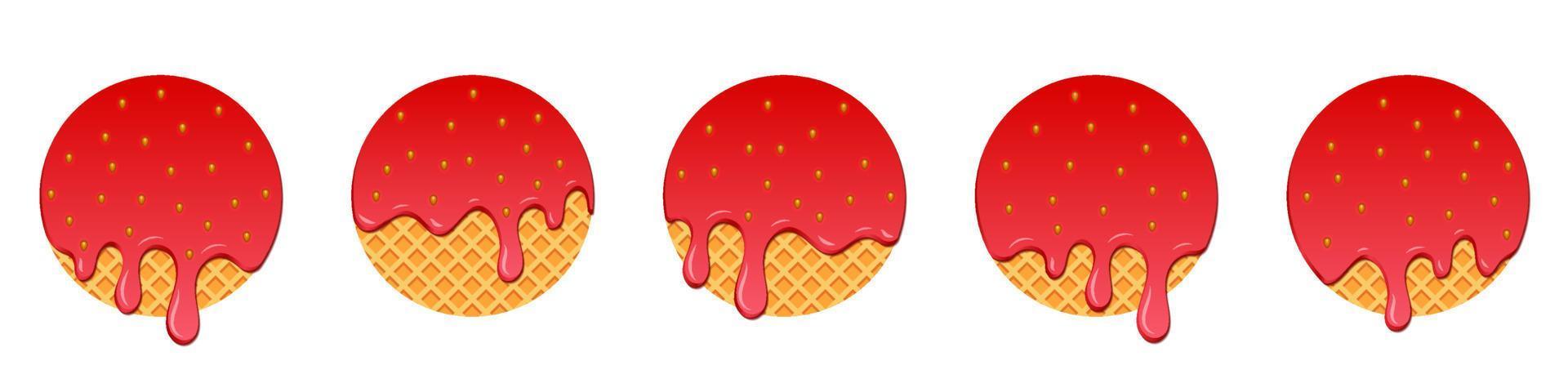 Set of strawberry drops. Dripping melted strawberry. Realistic melted strawberry. Strawberry drops. Melting strawberry. Red liquid dessert, sweet drip melt. Vector illustration