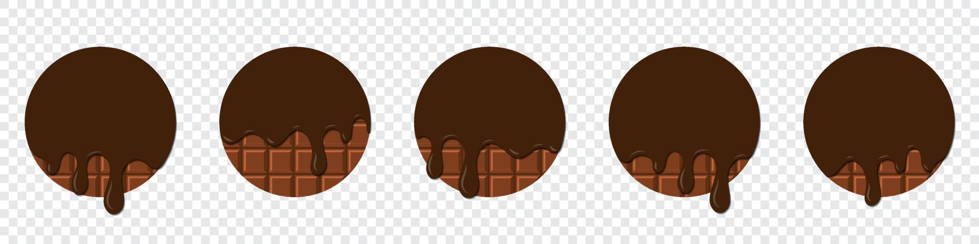 Set of chocolate drops. Dripping melted chocolate. Realistic melted chocolate. Chocolate drops. Melting Chocolate. Brown liquid dessert, sweet drip melt. Vector illustration