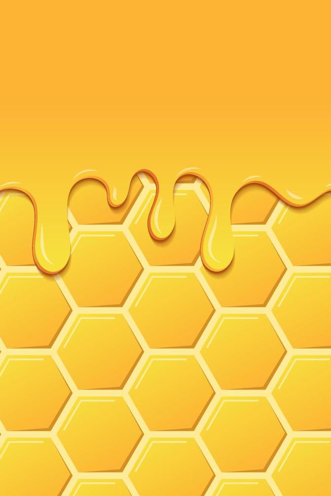Bright food card. Honey flyers. Sweet realistic honey. Yellow pattern with honeycomb and honey drips. Dripping honey. Gold honey hexagonal cells texture. Food delicious card. Vector illustration