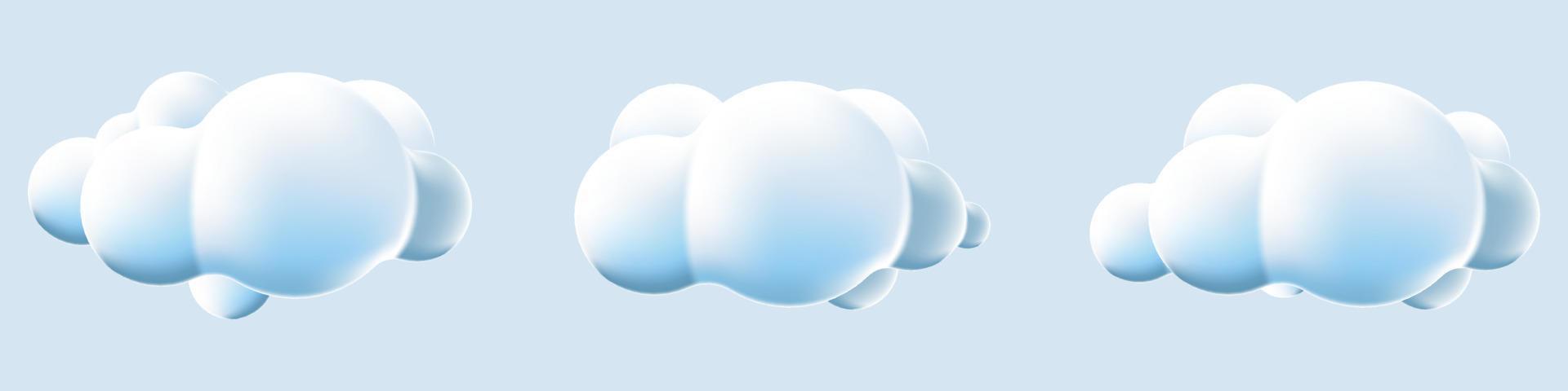 3d clouds set isolated background. Render soft round cartoon fluffy clouds icons. 3d geometric shapes. Various cartoon soft cloud shapes. Vector illustration