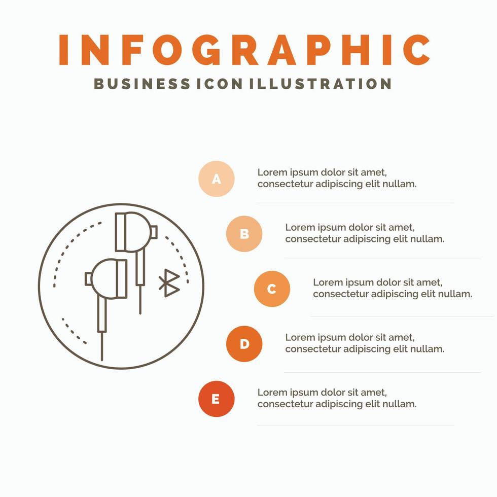 auricular. oído. teléfono. Bluetooth. plantilla de infografía musical para sitio web y presentación. icono de línea gris con ilustración de vector de estilo infográfico naranja