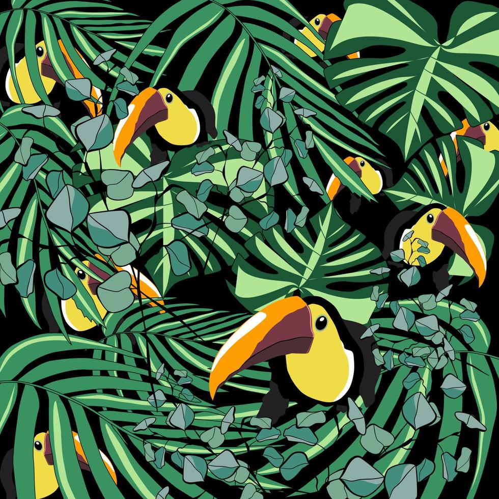 Tropical forest with monstera leaves and eucalyptus branches and toucans between leaves vector