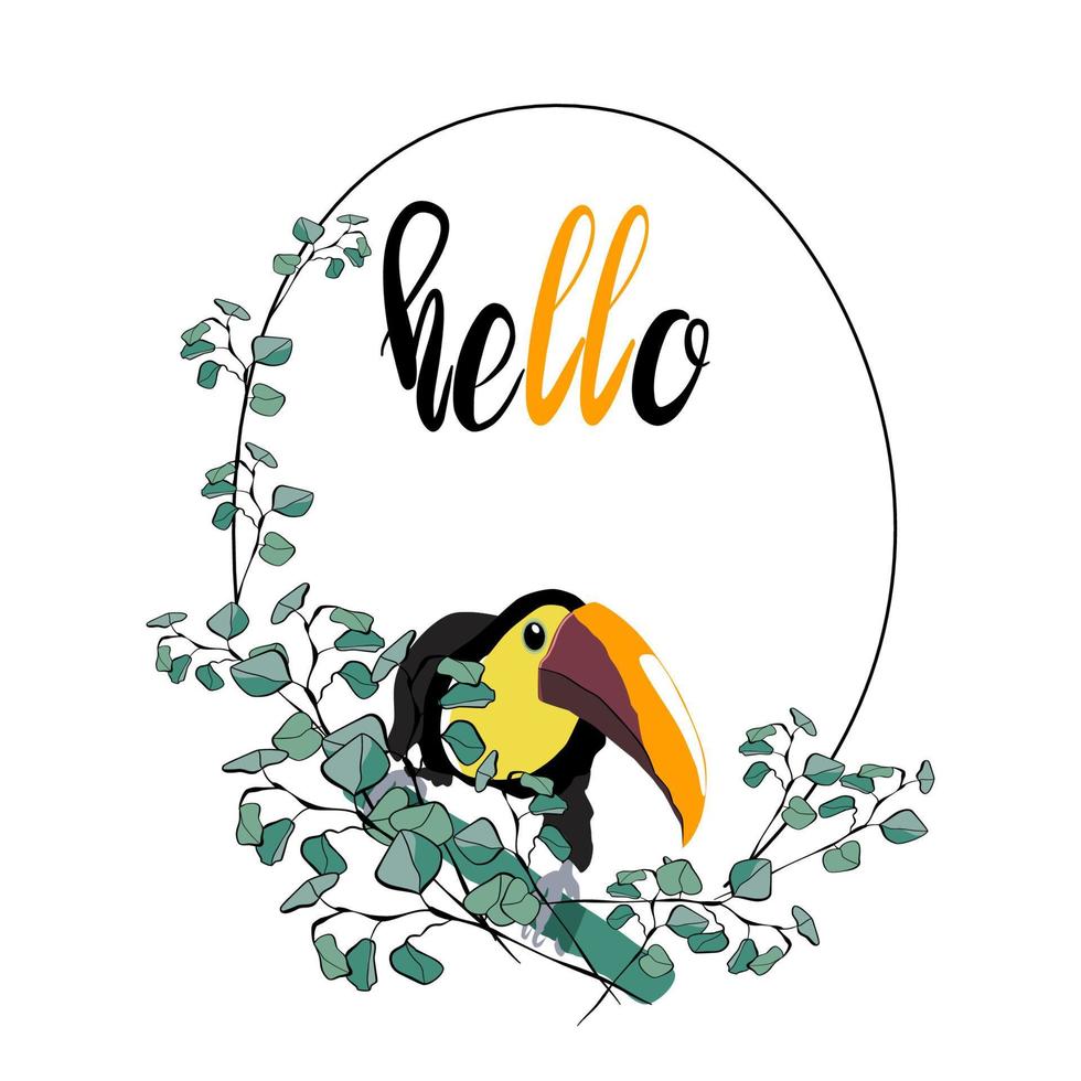 Hello frame with toucan and eucalyptus branches around vector