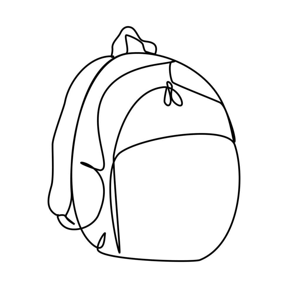One line drawing of a school backpack bag. stationary for school equipment. Back to school or creative thinking concept. Modern continuous line draw design graphic vector