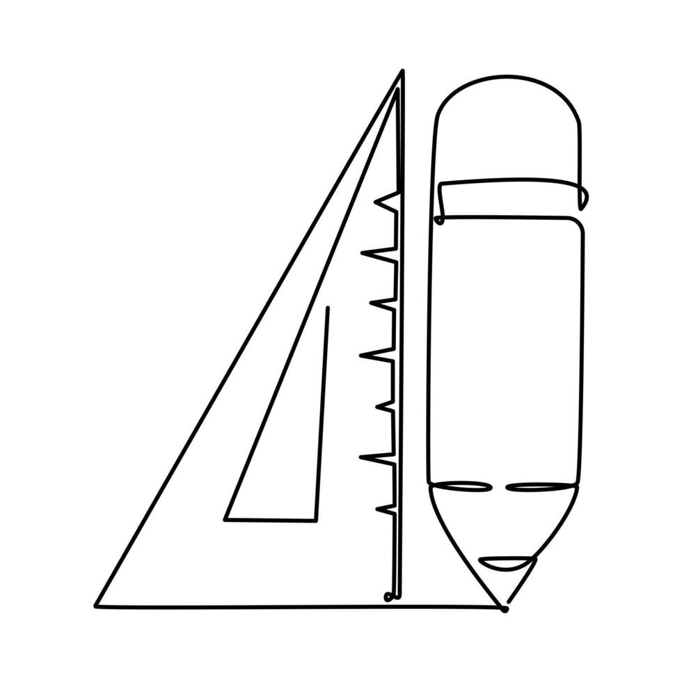 Single line drawing of a triangle ruler and a pencil . stationary for school equipment. Back to school or creative thinking concept. Modern continuous line draw design graphic vector