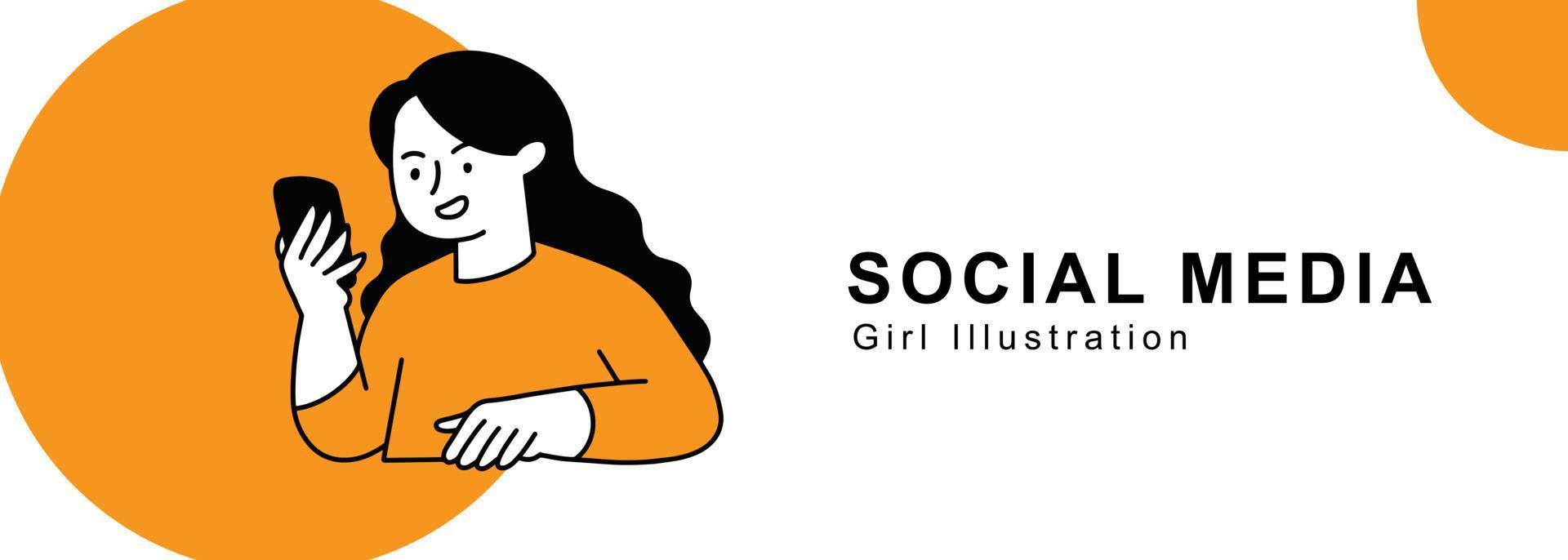 Cute woman character in social media theme for banner template design vector