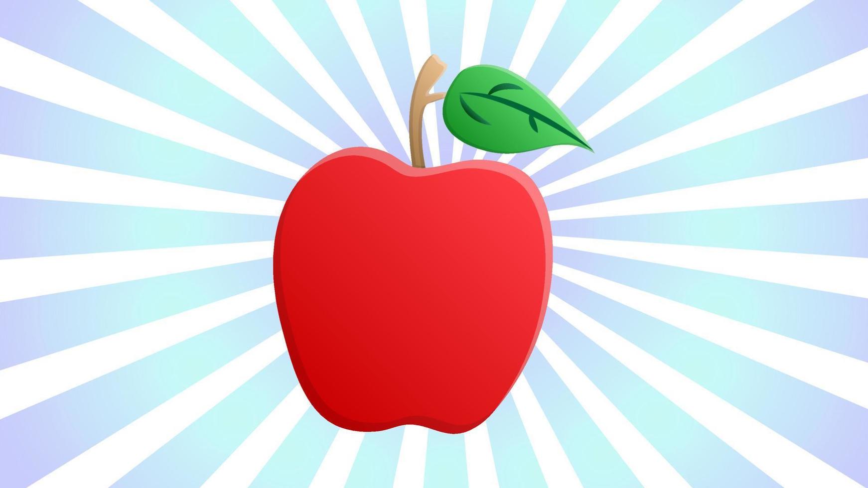 manzana de color rojo sobre un fondo retro blanco y azul, ilustración vectorial. fruta para comer. comida saludable, comida dietética, comida vegana, dieta de alimentos crudos. manzana con hoja verde encima vector
