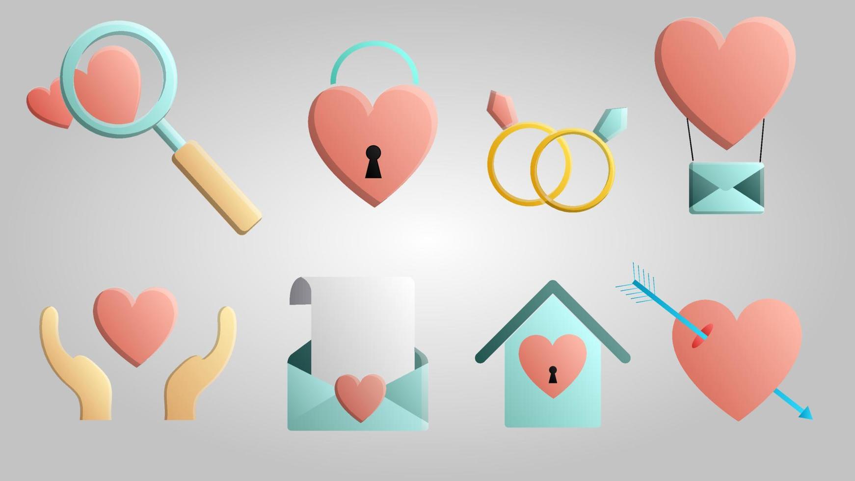 A large set of beautiful festive love joyful tender objects and icons with hearts, gift boxes and letters with magnifying glasses with hands and rings on a white background. Vector illustration
