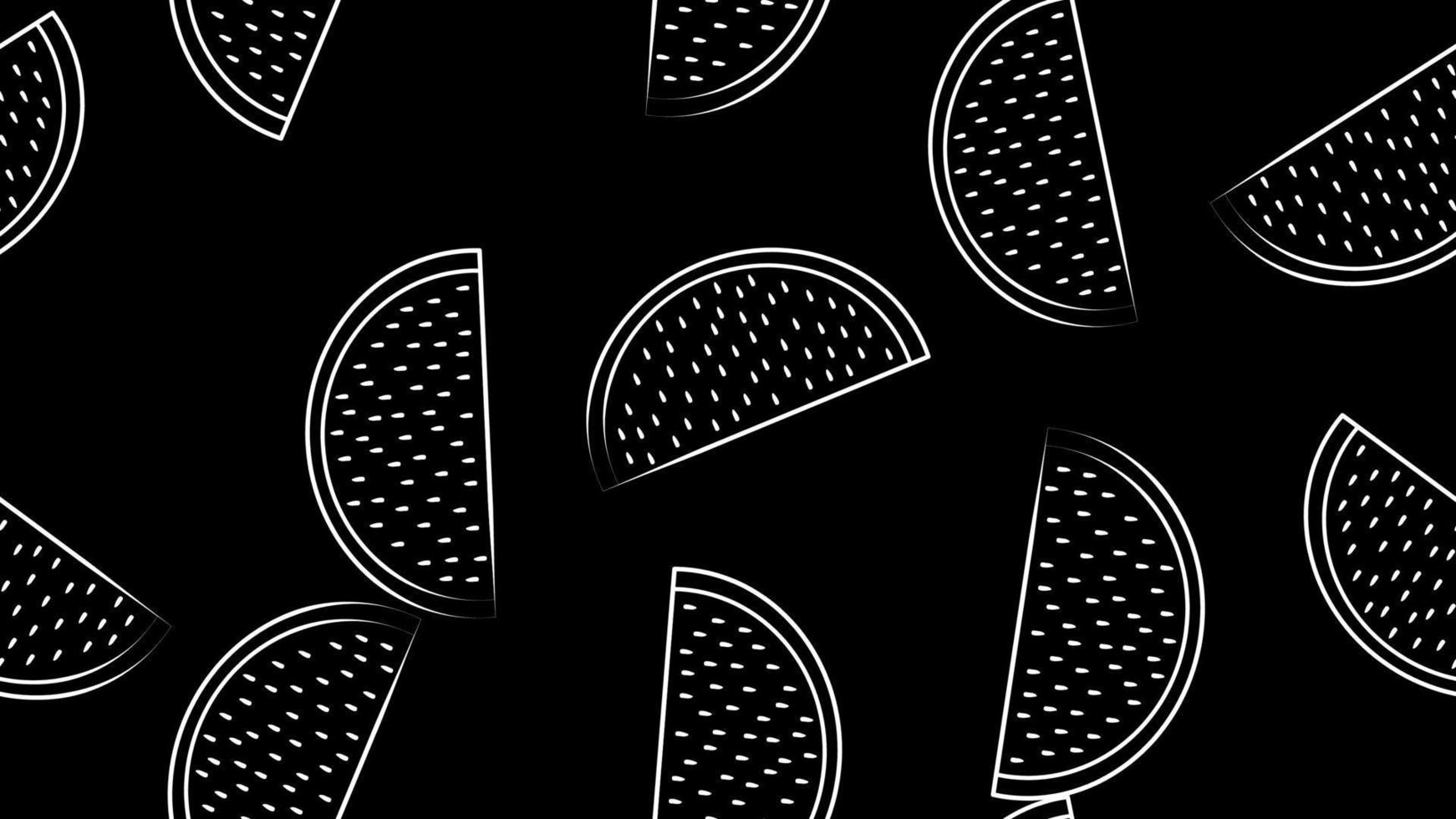 watermelon with seeds on a black background, vector illustration, pattern. wallpaper with watermelons. black and white watermelons, a slice of berry with seeds