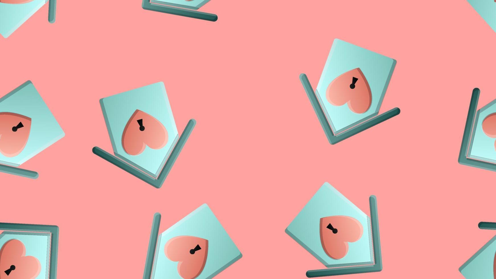 Endless seamless pattern of beautiful festive love joyful hearts in houses with keyhole on a pink background. Vector illustration