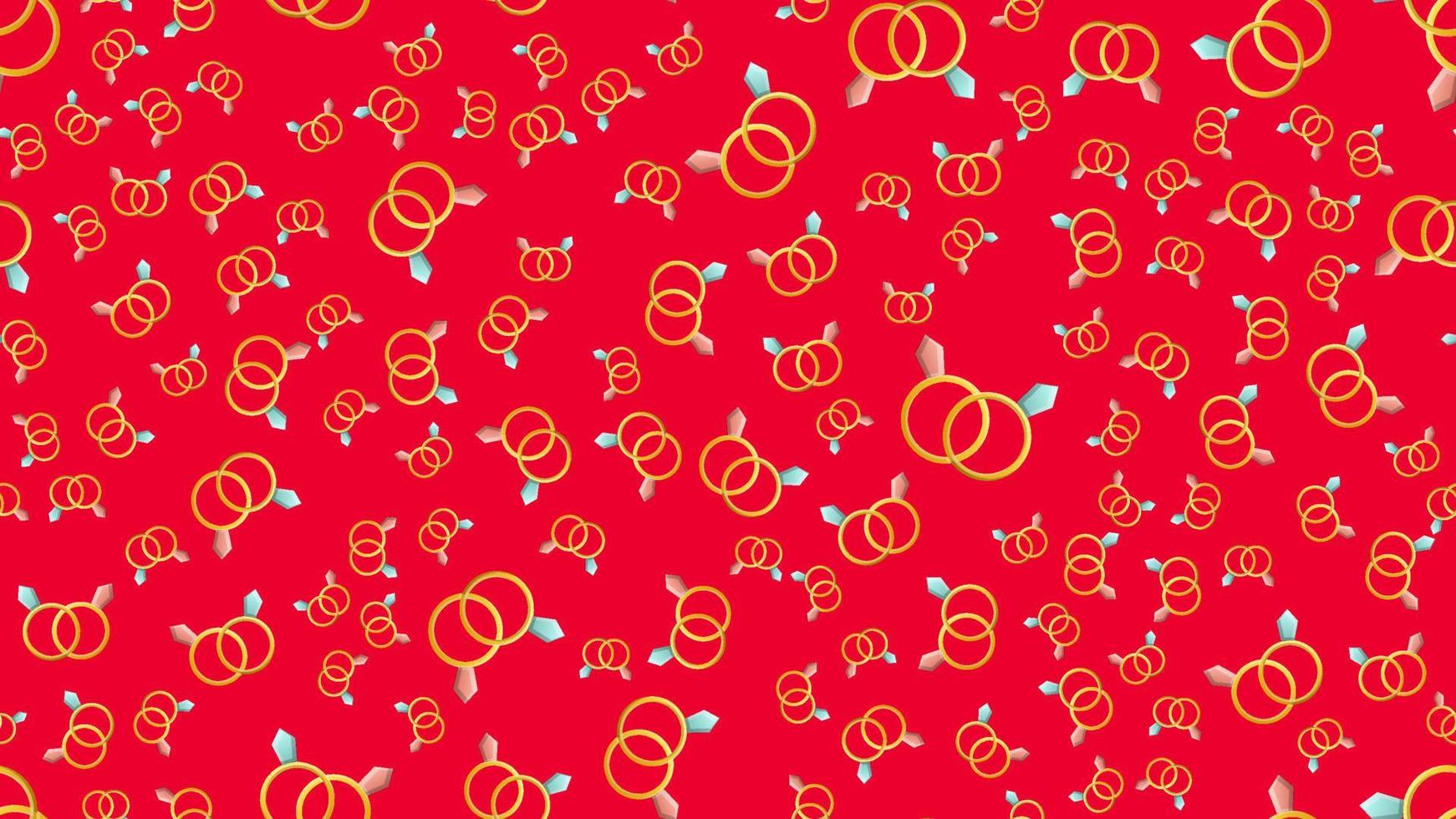 Endless seamless pattern of beautiful festive love joyful expensive gold precious jewelry wedding rings with diamonds on a red background. Vector illustration