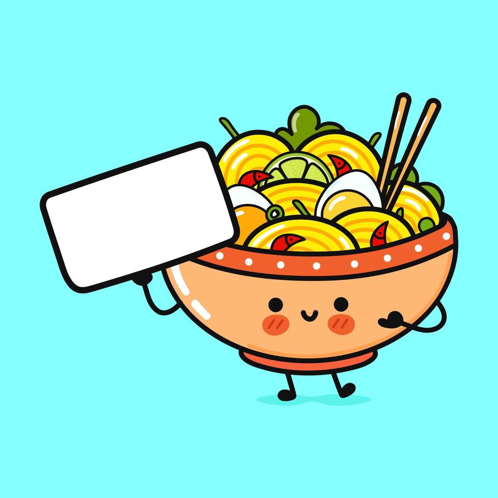 Cute funny ramen bowl with poster. Vector hand drawn cartoon kawaii character illustration icon. Isolated on blue background. Ramen bowl think concept