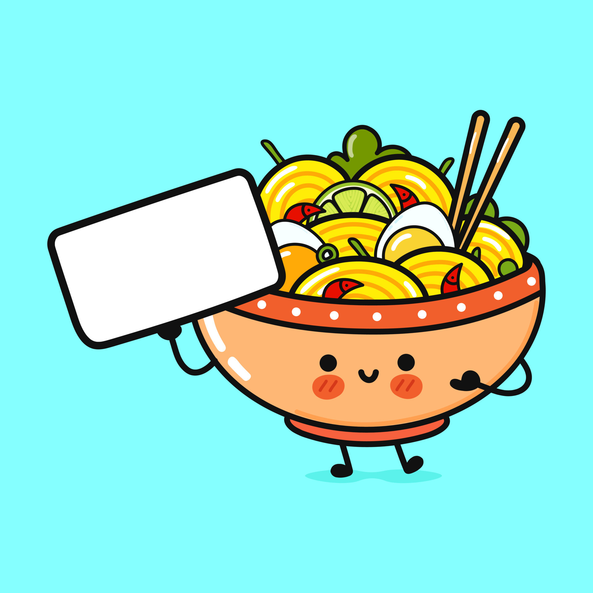 Cute funny ramen bowl with poster. Vector hand drawn cartoon kawaii  character illustration icon. Isolated on blue background. Ramen bowl think  concept 13378219 Vector Art at Vecteezy