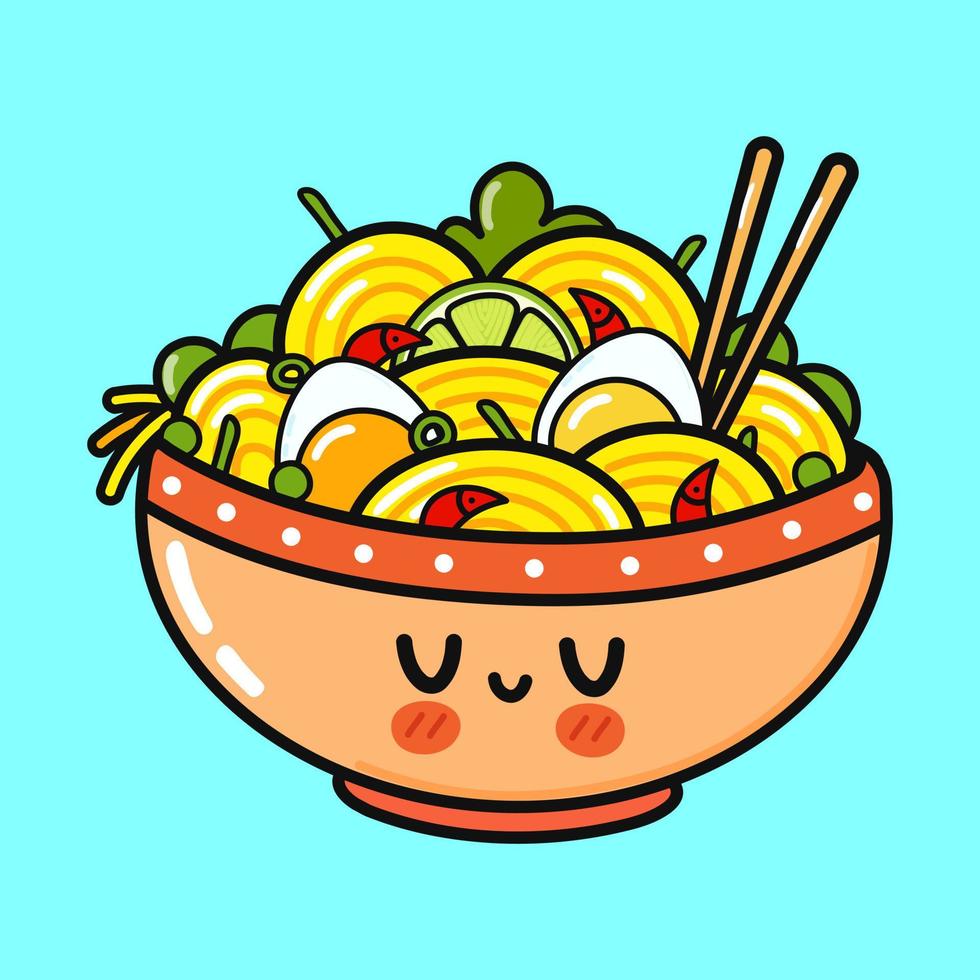 Cute funny ramen bowl. Vector hand drawn cartoon kawaii character illustration icon. Isolated on blue background. Ramen bowl character concept